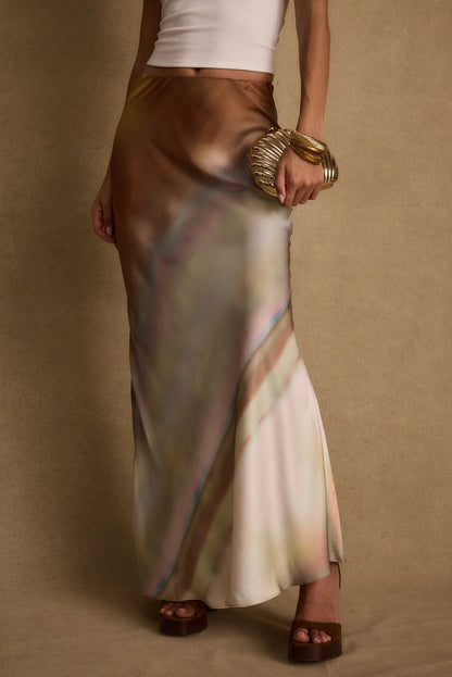 Back view of the satin maxi skirt showing the silhouette and fit.