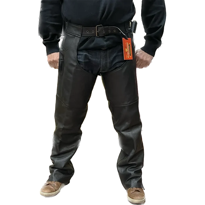 Front view of Eagle Leather Double Zipper Rally Chaps made from black leather with cowboy pockets and dual side zippers for layering.