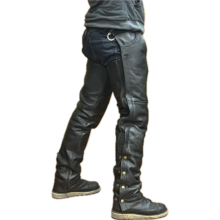 Side view of Eagle Leather Double Zipper Rally Chaps with cowboy pockets and dual side zippers for easy layering.