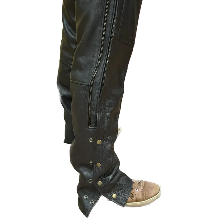 Detail view of Eagle Leather Double Zipper Rally Chaps showing dual side zippers and snap button closures.