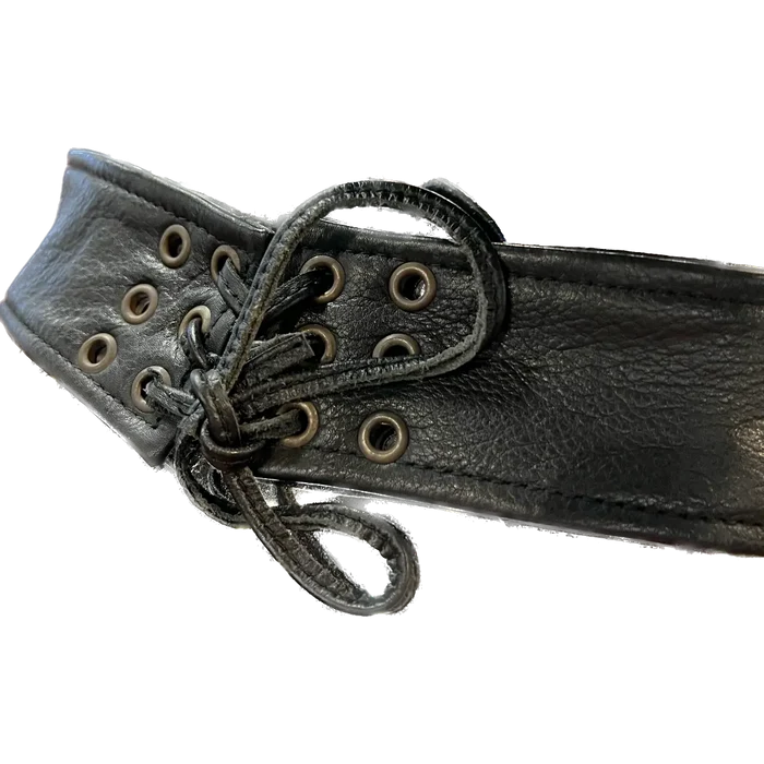 Detail view of Eagle Leather Double Zipper Rally Chaps showing back lacing adjustment for custom fit.