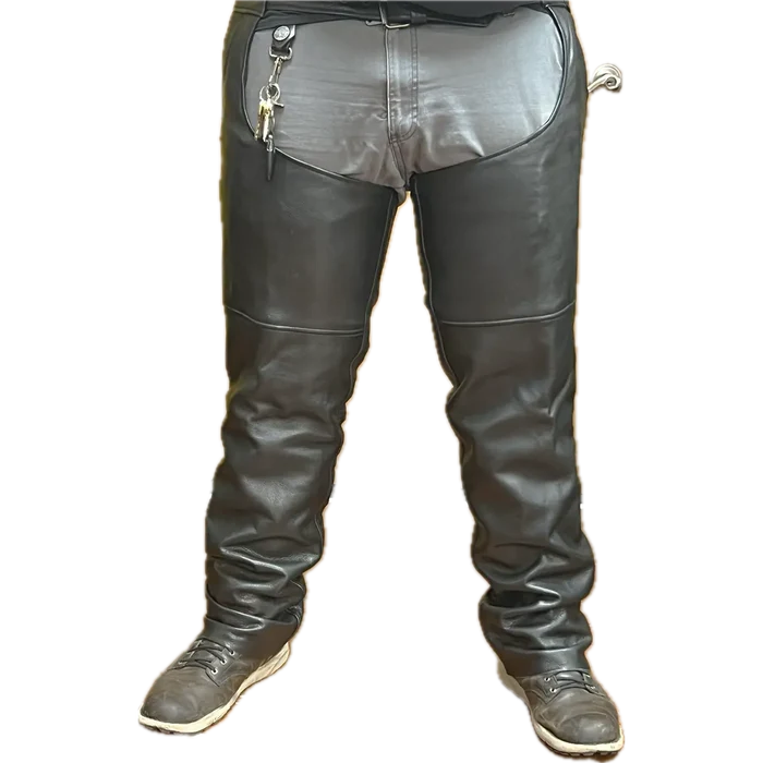 Front view of Eagle Leather Double Zipper Rally Chaps in black cowhide with double side zippers and cowboy pockets.