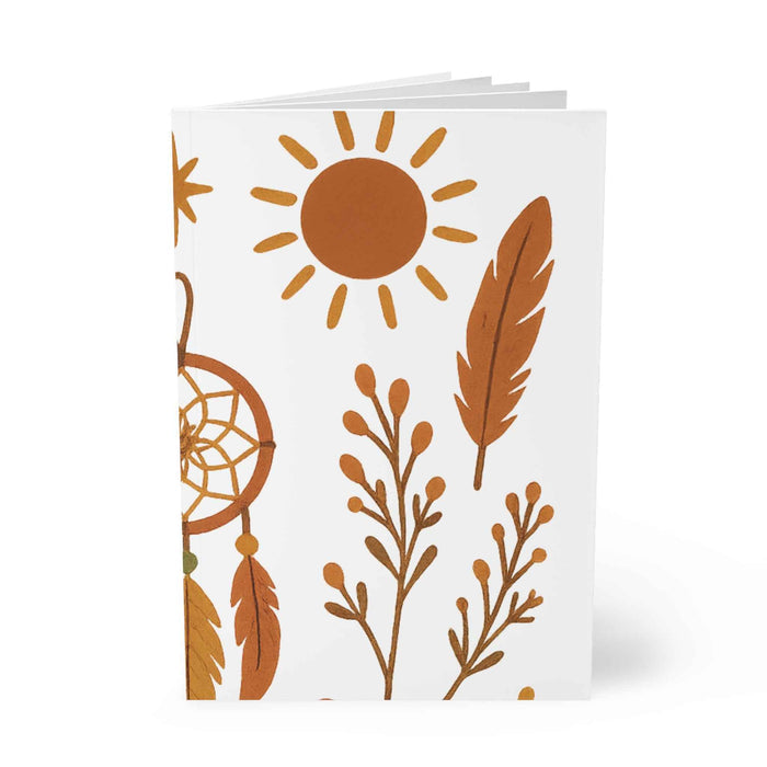 Boho notebook with dreamcatcher artwork and 150 lined pages for writing, reflection, class notes and personal planning needs.