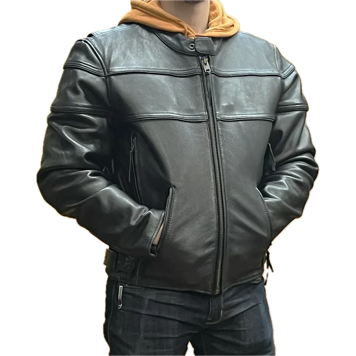 Men's black leather motorcycle jacket with zip front, snap collar, and adjustable waist straps, worn over a hoodie.