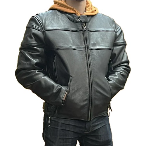 Men's black leather motorcycle jacket with zip front, snap collar, and adjustable waist straps, worn over a hoodie.