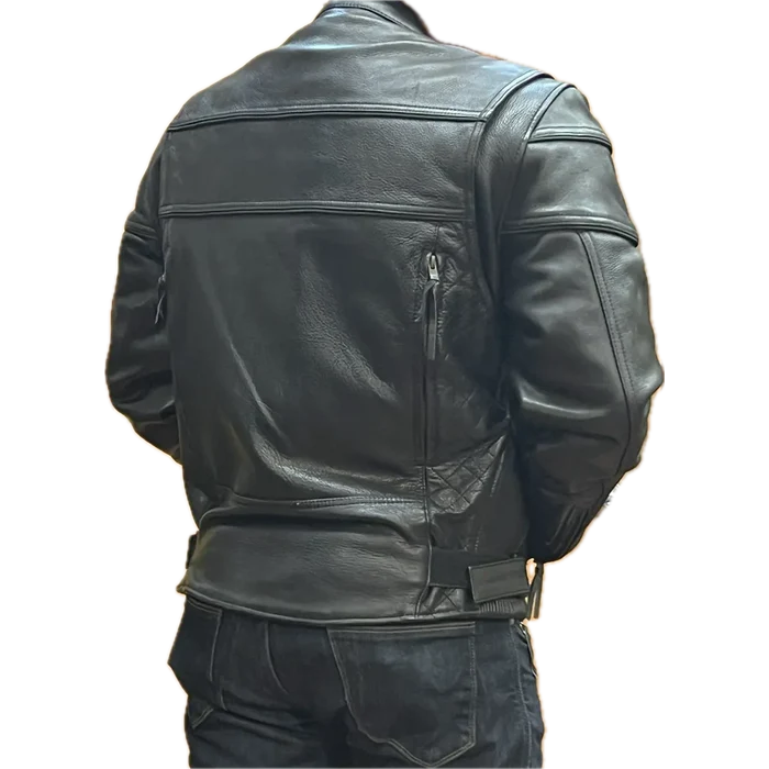 Back view of men’s black leather motorcycle jacket with zippered vents and adjustable waist straps.