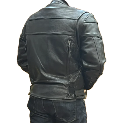 Back view of men’s black leather motorcycle jacket with zippered vents and adjustable waist straps.