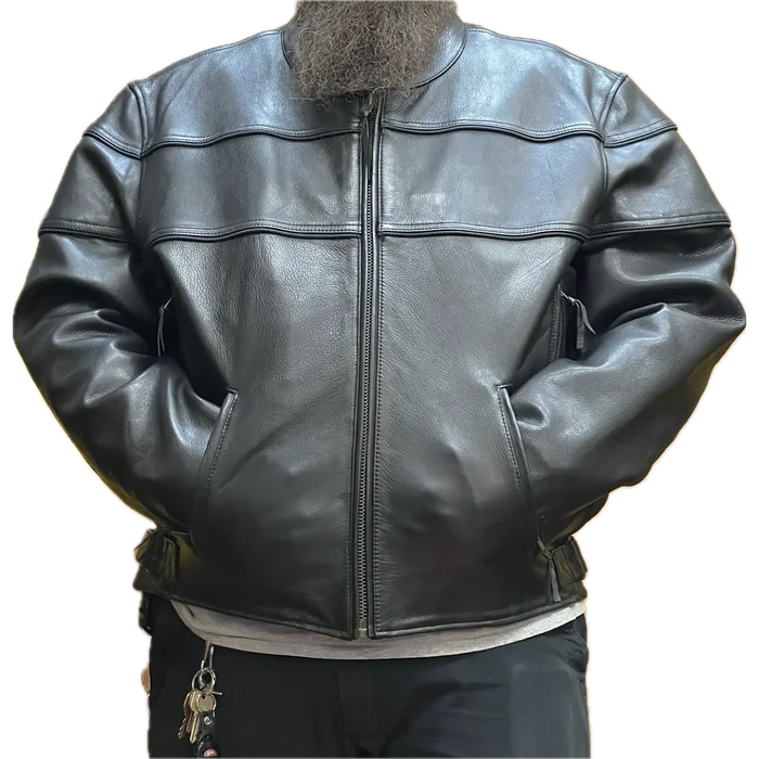 Men’s black leather motorcycle jacket shown on larger model with zip-front closure and hand pockets.