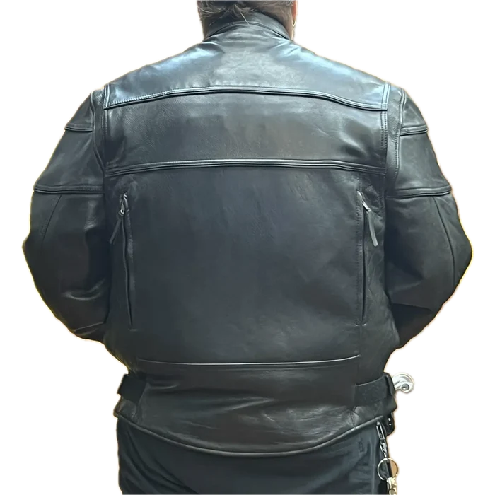 Back view of men’s black leather motorcycle jacket on plus-size model with zippered vents and adjustable waist straps.