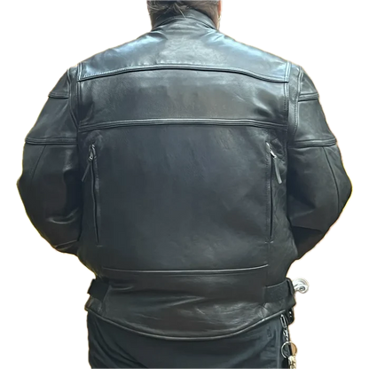 Back view of men’s black leather motorcycle jacket on plus-size model with zippered vents and adjustable waist straps.