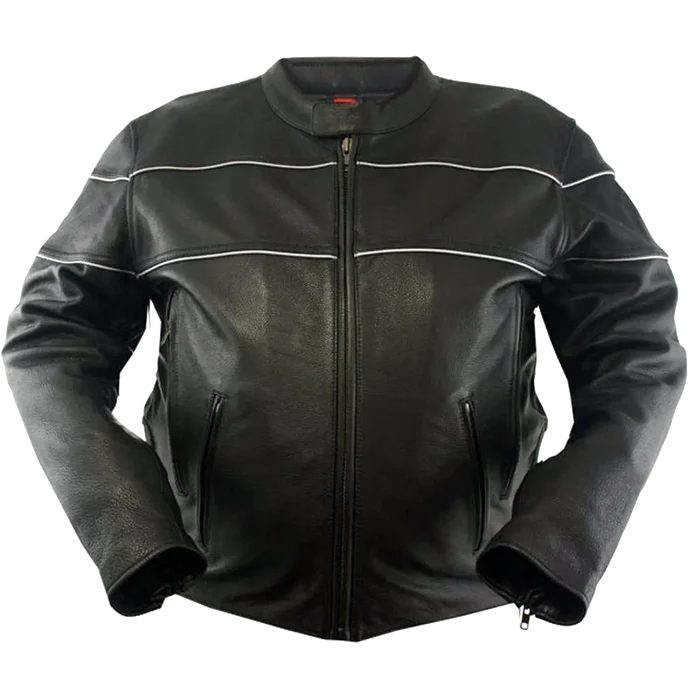 Men’s black leather motorcycle jacket with front zipper, two zippered hand pockets, and reflective piping across chest and shoulders, displayed on a plain white background.