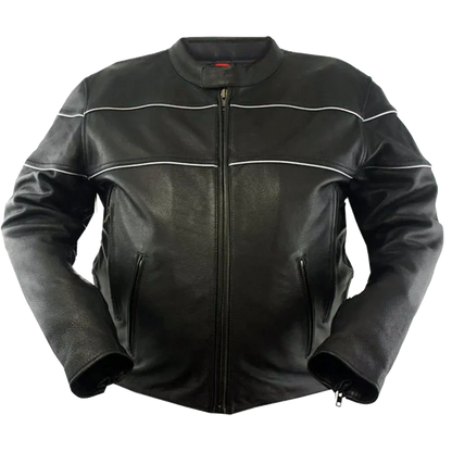 Men’s black leather motorcycle jacket with front zipper, two zippered hand pockets, and reflective piping across chest and shoulders, displayed on a plain white background.