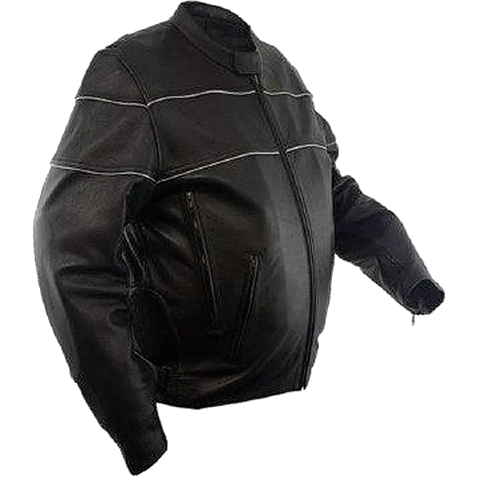 Angled side view of a men’s black leather motorcycle jacket with front zipper, zippered hand pockets, and reflective piping detail across chest and shoulders.