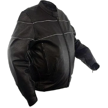 Angled side view of a men’s black leather motorcycle jacket with front zipper, zippered hand pockets, and reflective piping detail across chest and shoulders.