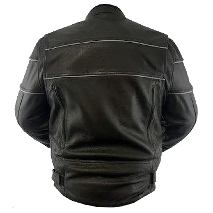 Back view of men’s black leather motorcycle jacket with reflective piping and adjustable waist straps, displayed on a white background.