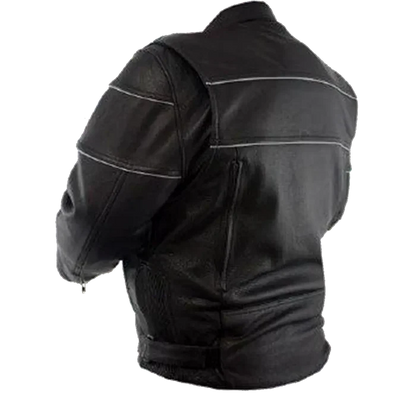 Angled back view of men’s black leather motorcycle jacket with reflective piping, zippered vents, and adjustable waist straps on white background.