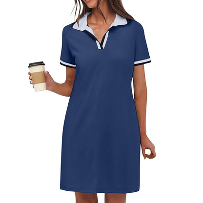 Dark Blue Women's Short Sleeve V-Neck Casual Dress – Timeless Polyester Comfort