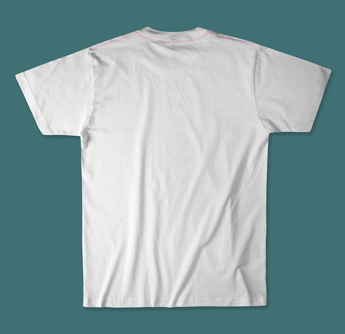 Back view of the Waihana Electric Palms Premium Pima T-Shirt in White Sand, showing clean construction with pink contrast stitching at the collar.