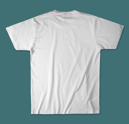 Back view of the Waihana Electric Palms Premium Pima T-Shirt in White Sand, showing clean construction with pink contrast stitching at the collar.
