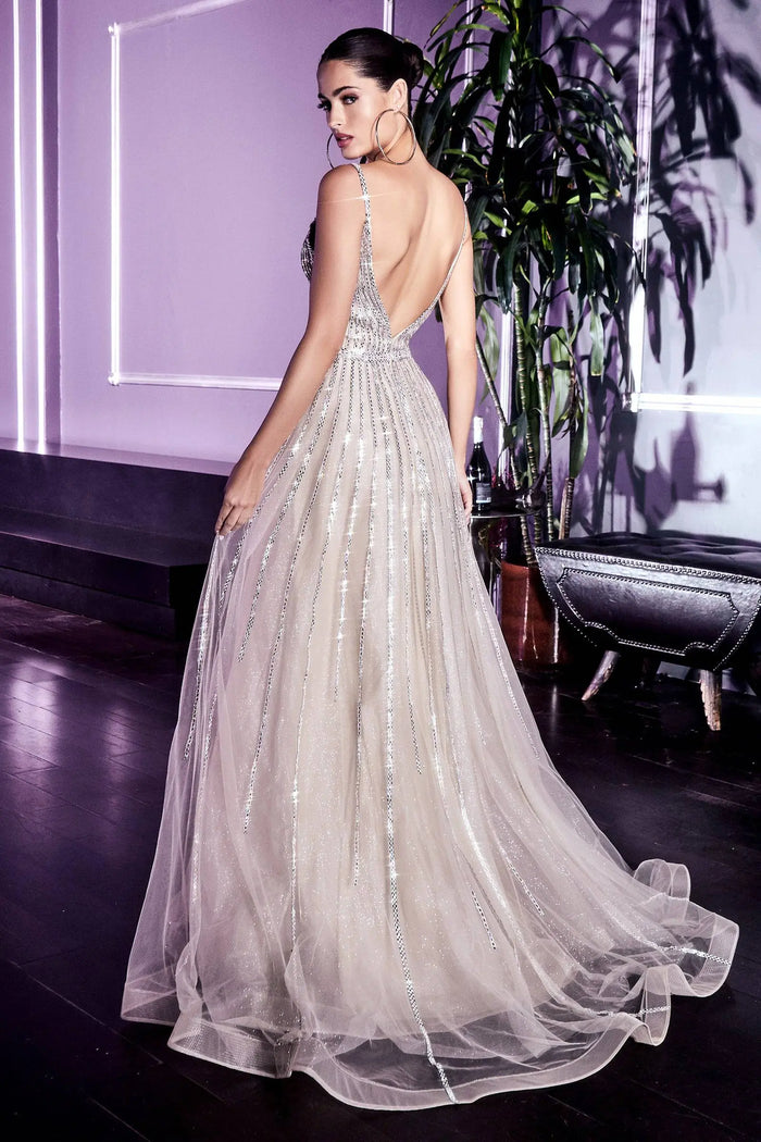 Elegant Long Gown with Deep Neckline and Shimmery Skirt Overlay #CDCD940 - NORMA REED