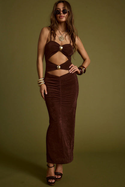 Additional view of the Elena Brown Slinky Dress from a different perspective.