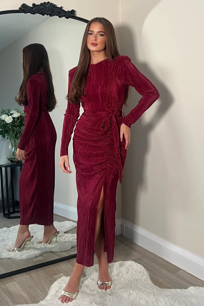 Elena Long Sleeve Ruched Seamed Midi Dress (Wine)