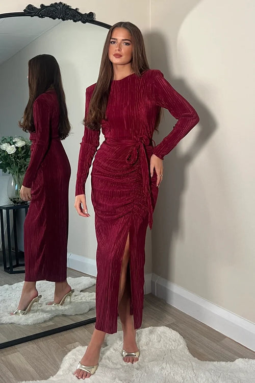 Elena Long Sleeve Ruched Seamed Midi Dress (Wine)