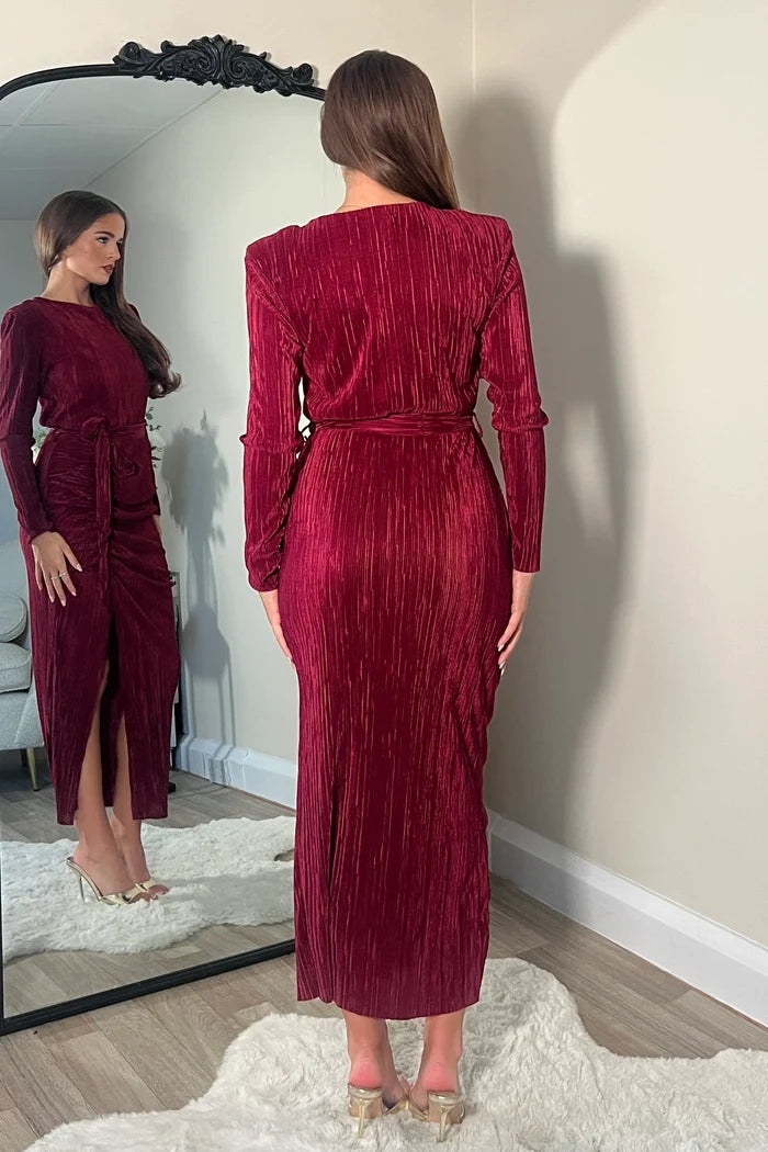 Elena Long Sleeve Ruched Seamed Midi Dress (Wine)