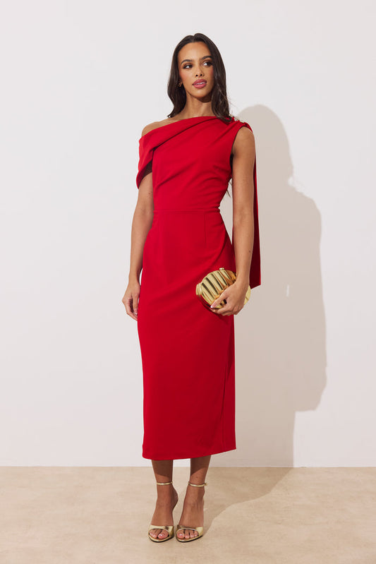Eleni Drape Midi Dress (Red)