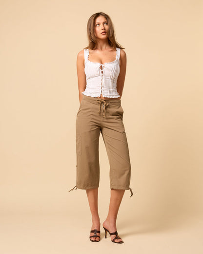 Low waisted cargo pants for woman with adjustable tie hem