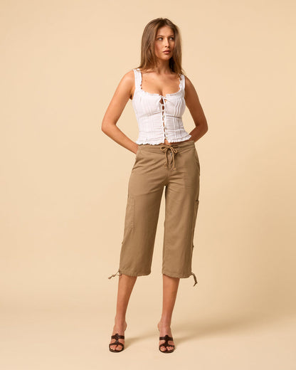 Low waisted cargo pants for woman with adjustable tie hem
