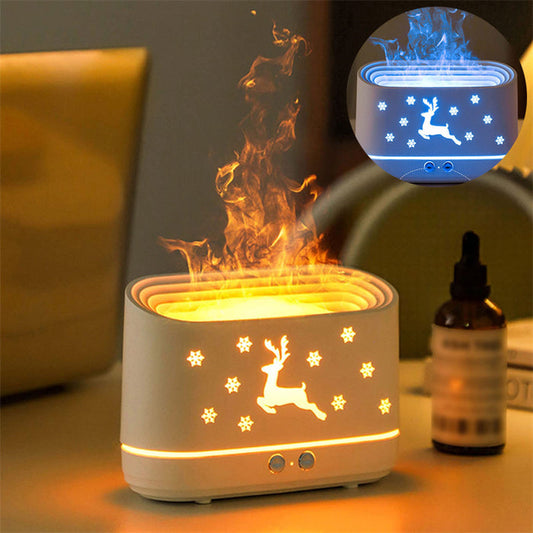 Modern flame humidifier diffuser with dual mist outlets close-up