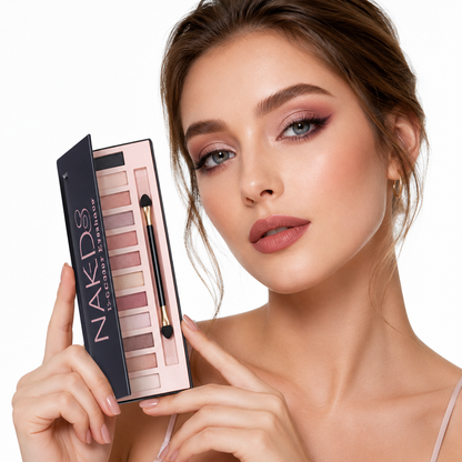 Eyeshadow palette with 12 colors shown with model on a clean white background, displayed clearly for outfit reference online.