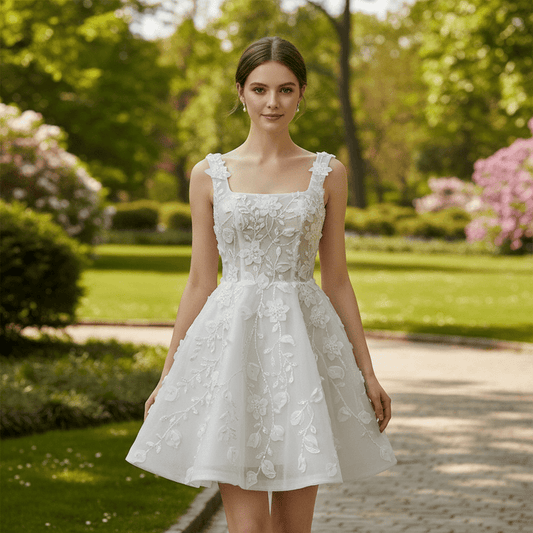 Fairytale Mini A-Line Wedding Dress with 3D Floral Flowers - Rosymae
