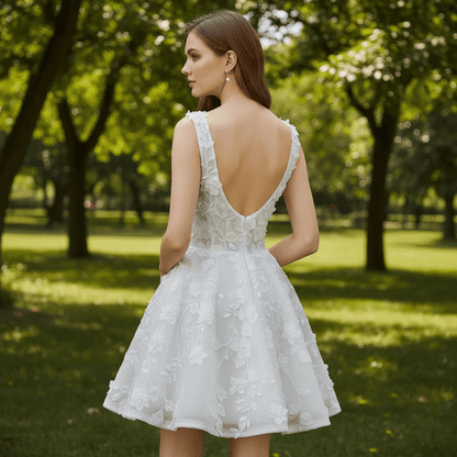 Fairytale Mini A-Line Wedding Dress with 3D Floral Flowers - Rosymae