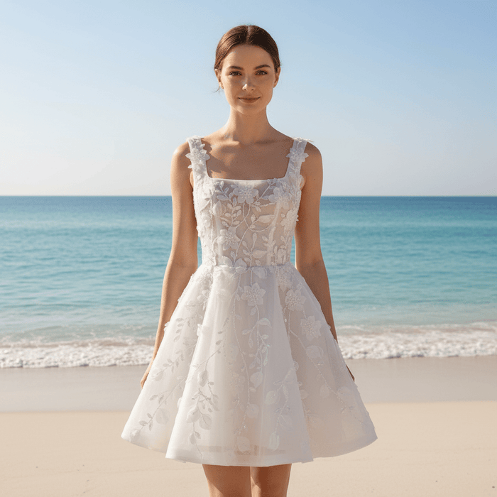 Fairytale Mini A-Line Wedding Dress with 3D Floral Flowers - Rosymae