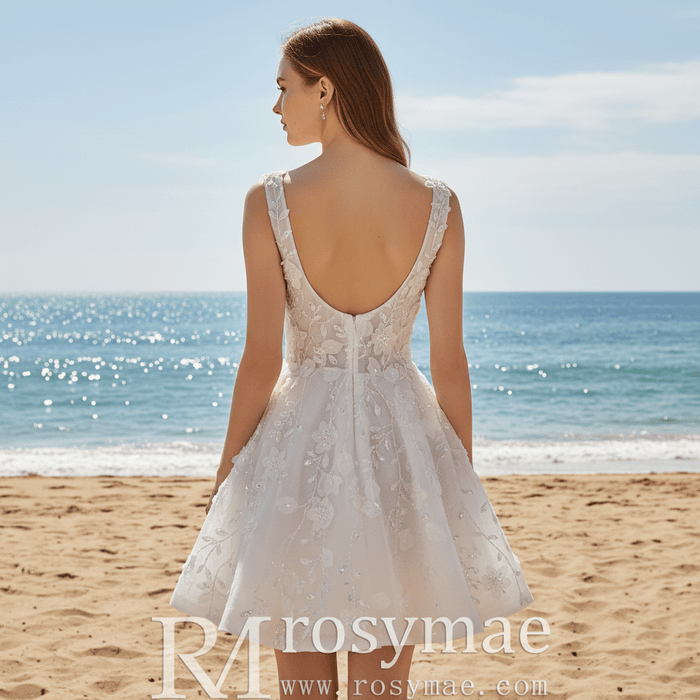 Fairytale Mini A-Line Wedding Dress with 3D Floral Flowers - Rosymae