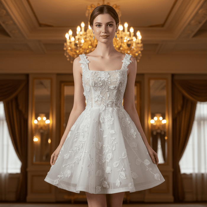 Fairytale Mini A-Line Wedding Dress with 3D Floral Flowers - Rosymae