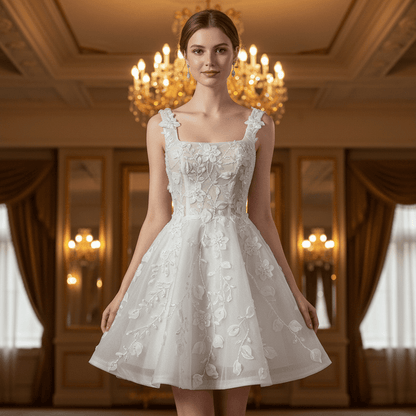 Fairytale Mini A-Line Wedding Dress with 3D Floral Flowers - Rosymae