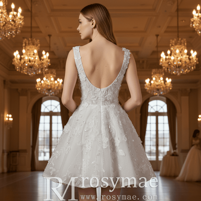 Fairytale Mini A-Line Wedding Dress with 3D Floral Flowers - Rosymae