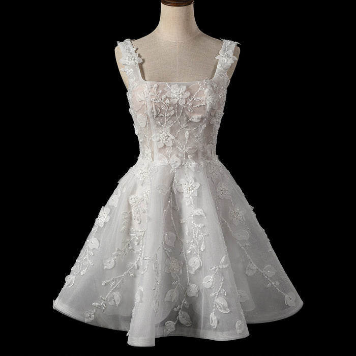 Fairytale Mini A-Line Wedding Dress with 3D Floral Flowers - Rosymae
