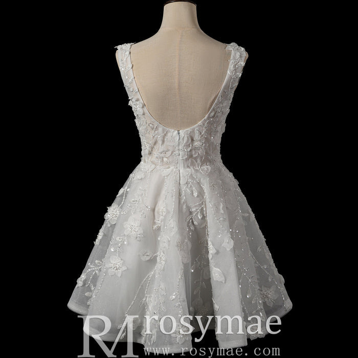 Fairytale Mini A-Line Wedding Dress with 3D Floral Flowers - Rosymae