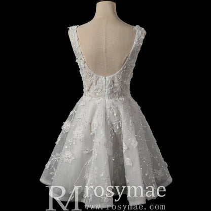 Fairytale Mini A-Line Wedding Dress with 3D Floral Flowers - Rosymae