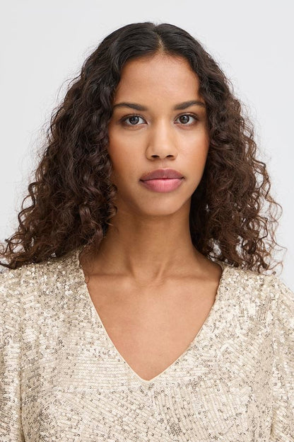 Faith Sequin V-Neck Top (Frosted Almond)