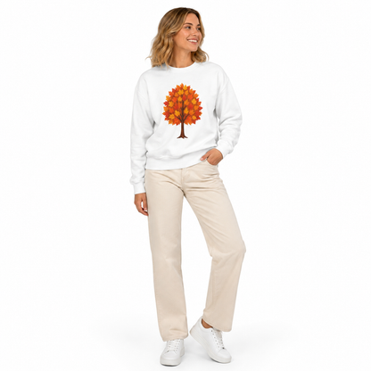 Fall sweatshirt with vibrant autumn tree graphic, relaxed unisex crewneck fit and cozy fleece look on clean white background.