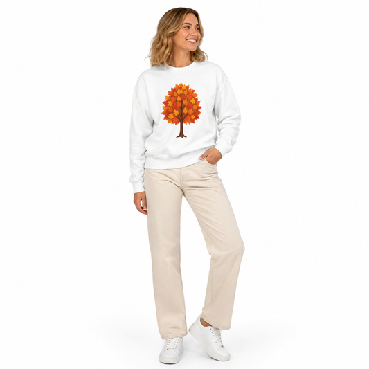 Fall sweatshirt with vibrant autumn tree graphic, relaxed unisex crewneck fit and cozy fleece look on clean white background.
