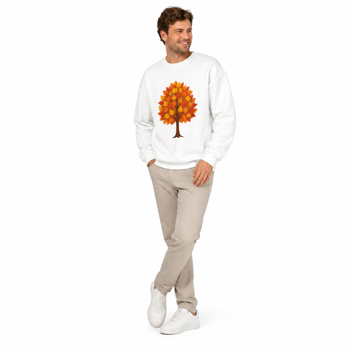 Unisex autumn tree crewneck paired with casual basics for bonfire nights, porch evenings and relaxed weekend layering in fall