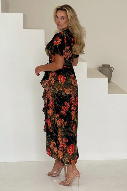 Farrah Split Hem Frill Maxi Dress (Brown Floral)