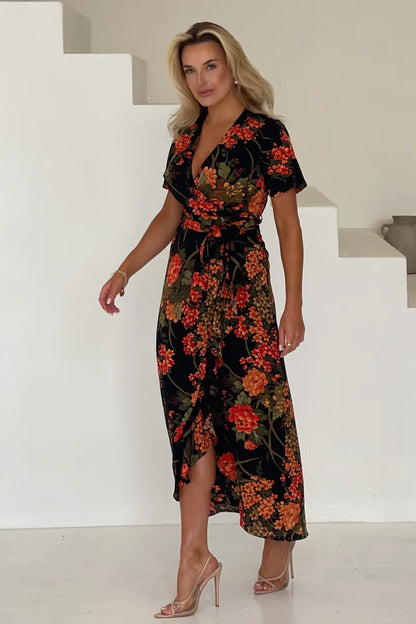 Farrah Split Hem Frill Maxi Dress (Brown Floral)