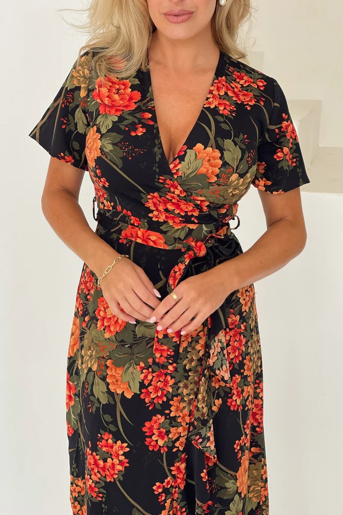 Farrah Split Hem Frill Maxi Dress (Brown Floral)